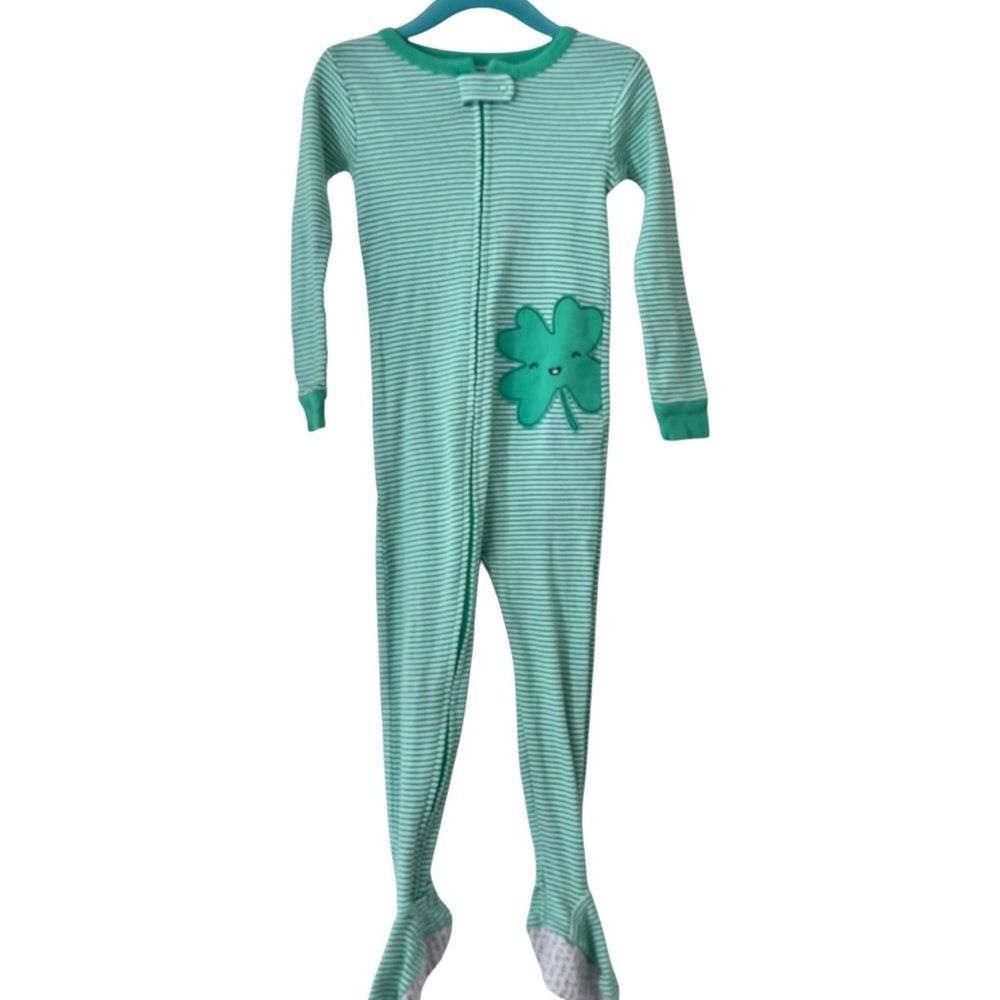 Carter’s Kids Long Sleeve Green & White Stripe Shamrock Zip Up Footie Pajamas.